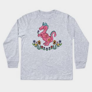 Happy Little Pink Dragon Smelling Flowers Kids Long Sleeve T-Shirt